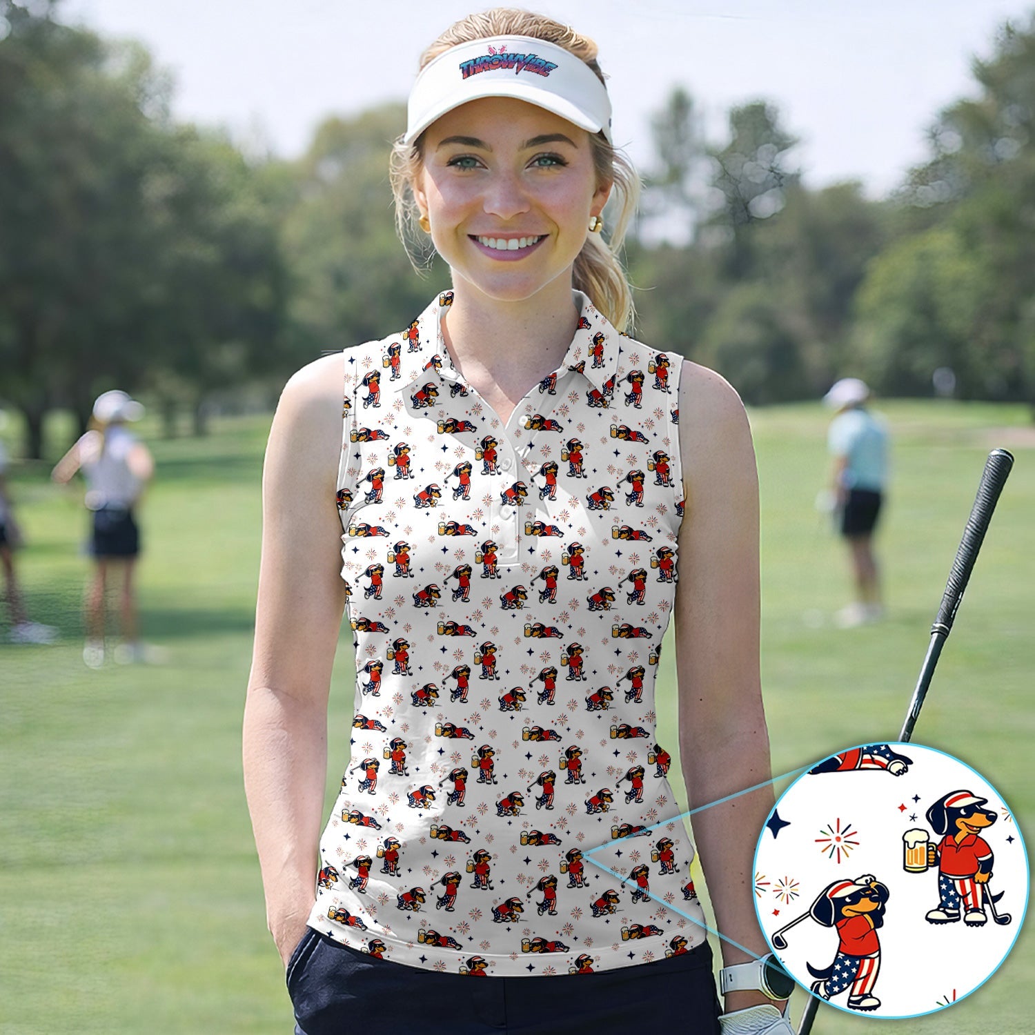 Funny Patriotic Golf Dog Polo Shirt, USA Dachshund Beer & Fireworks Pattern Shirt, 4th of July Golfer Gift For Women