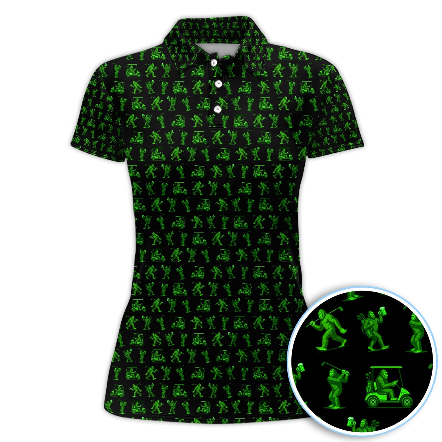 Bigfoot Golf Pattern Shirt, Funny Sasquatch Golf Polos For Men, Neon Green Golf Shirt For Golfer