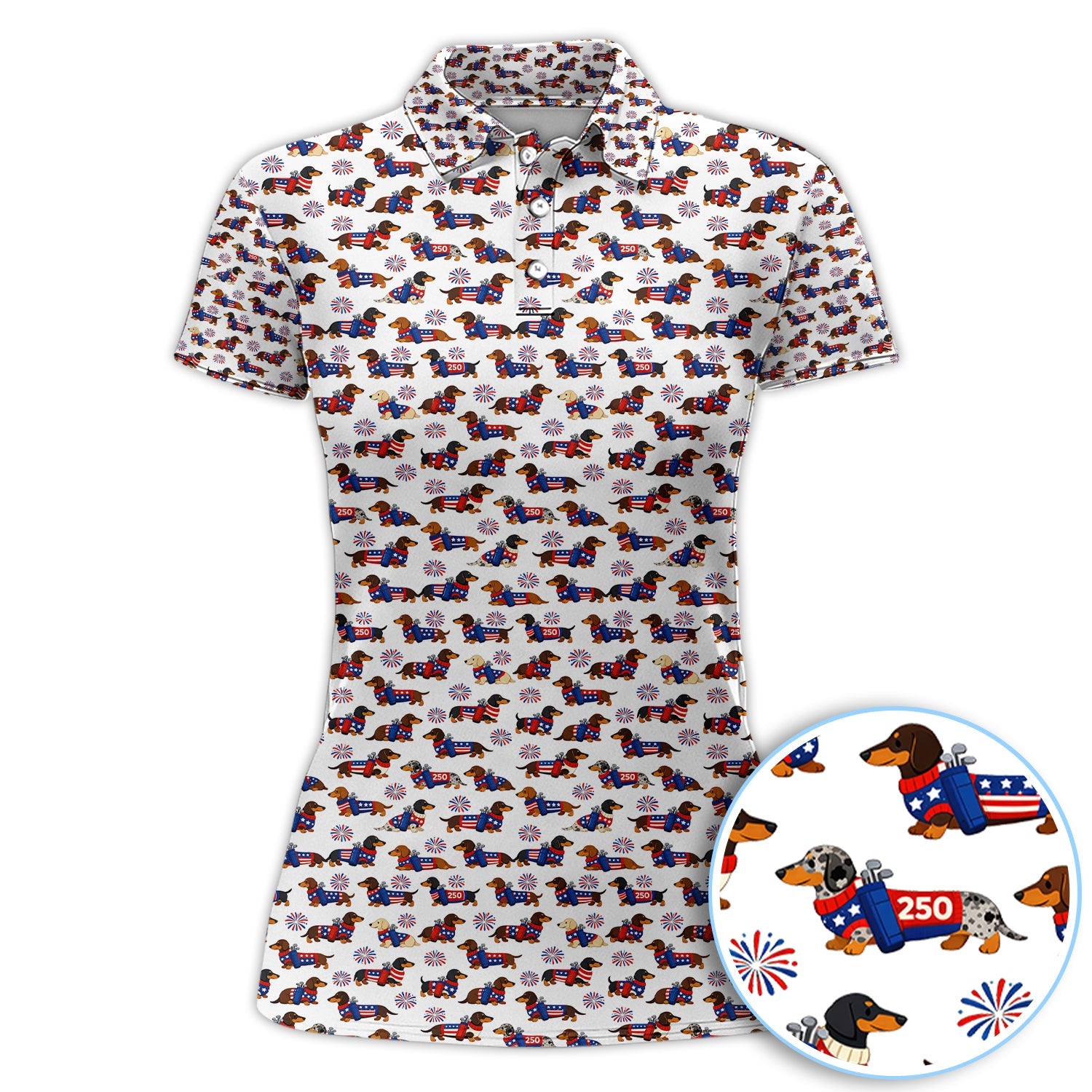America 250 Dachshund Golf Polos, Funny Patriotic Wiener Dog 250th Golf Shirt, Golf Gift For Men