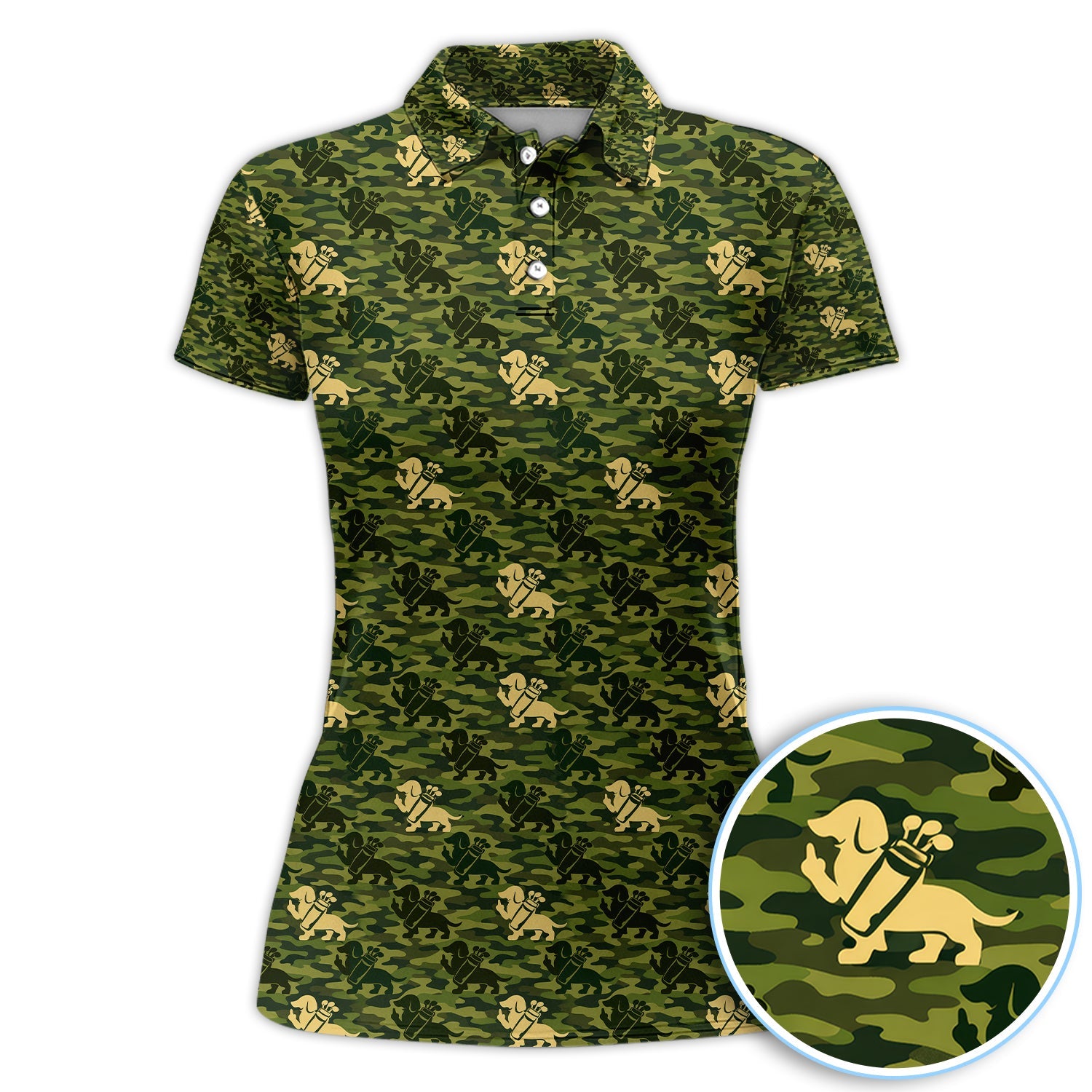 Dachshund Camo Pattern Golf Polos, Wiener Dog Golf Shirt For Golfer, Golf Gift For Men