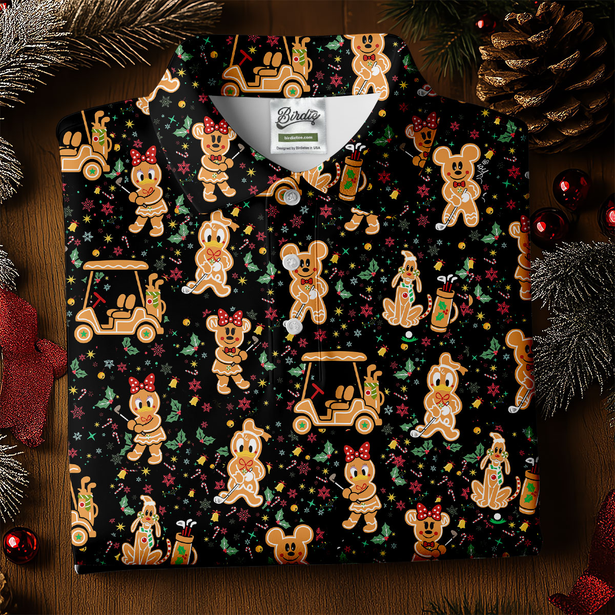 Cartoon Gingerbread Black Golf Shirt, Christmas Golf Shirt, Ladies Golf Shirts, Women's Polo Shirt