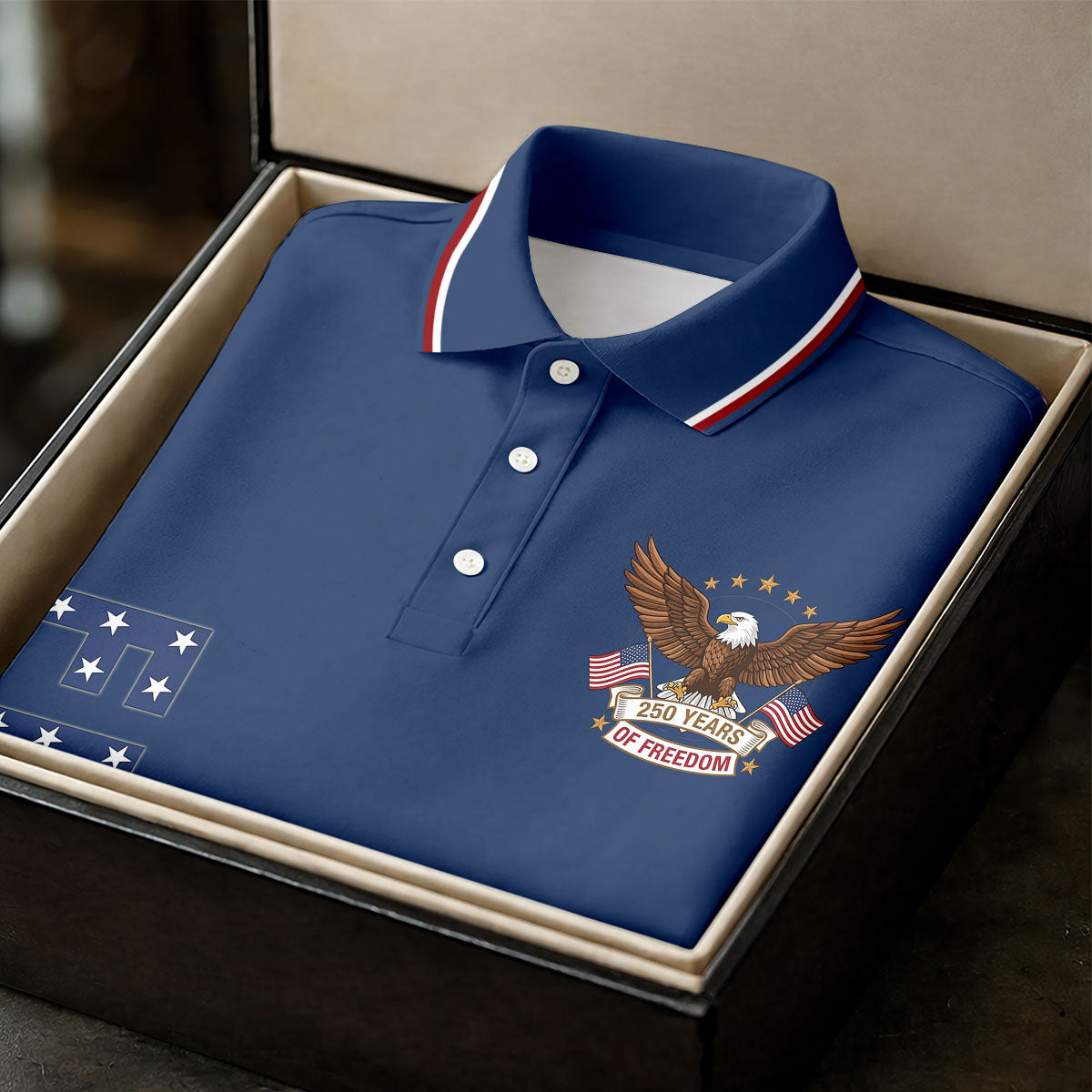 250 Years Of Freedom US Flag Logo Navy Golf Shirt, Patriotic 4th Of July Golf Shirts For Men