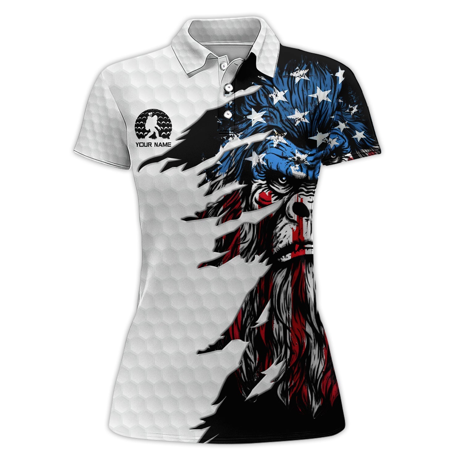 Personalized Patriotic Bigfoot Polos, Custom Name American Flag Bigfoot Golf Shirt, Golf Gift For Golfer