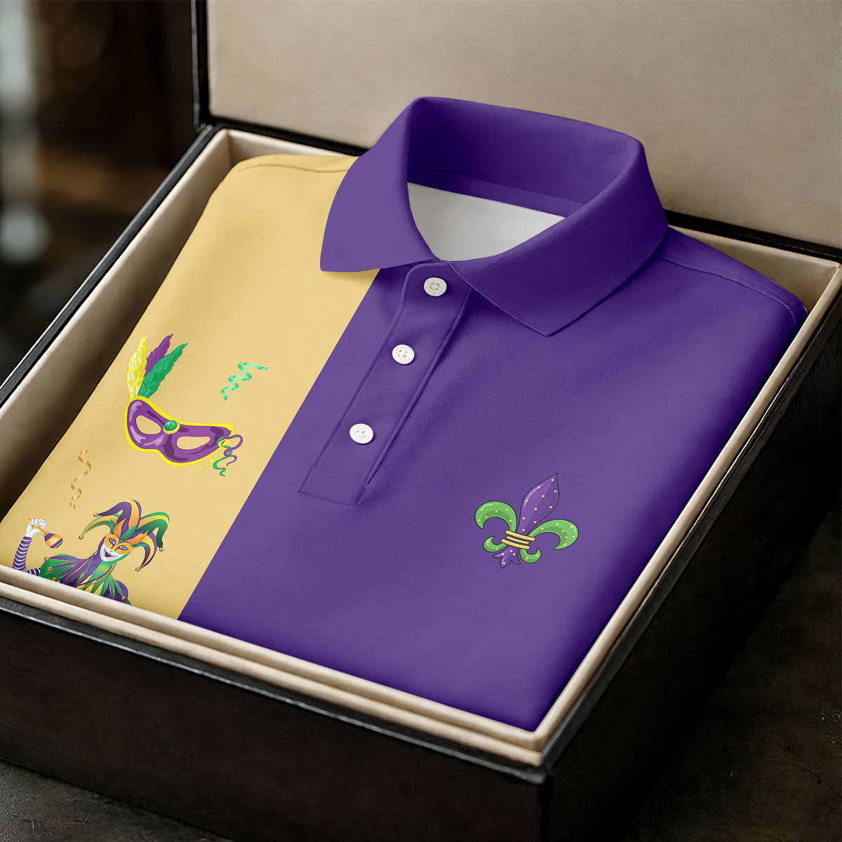 Mardi Gras Festival Jester Figure Fleur De Lis Symbol Purple Golf Shirt, Women's Golf Tops, Ladies Golf Polos