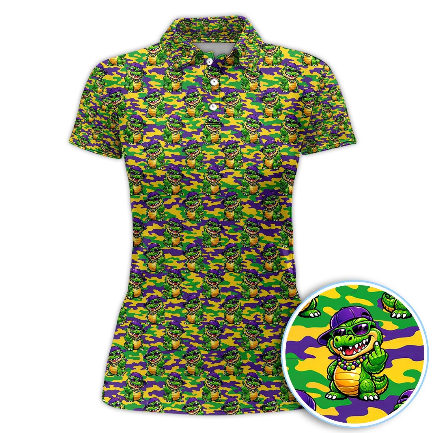 Mardi Gras Gator Golf Shirt, Funny Alligator Camo Pattern Golf Polos, Men Golf Gift