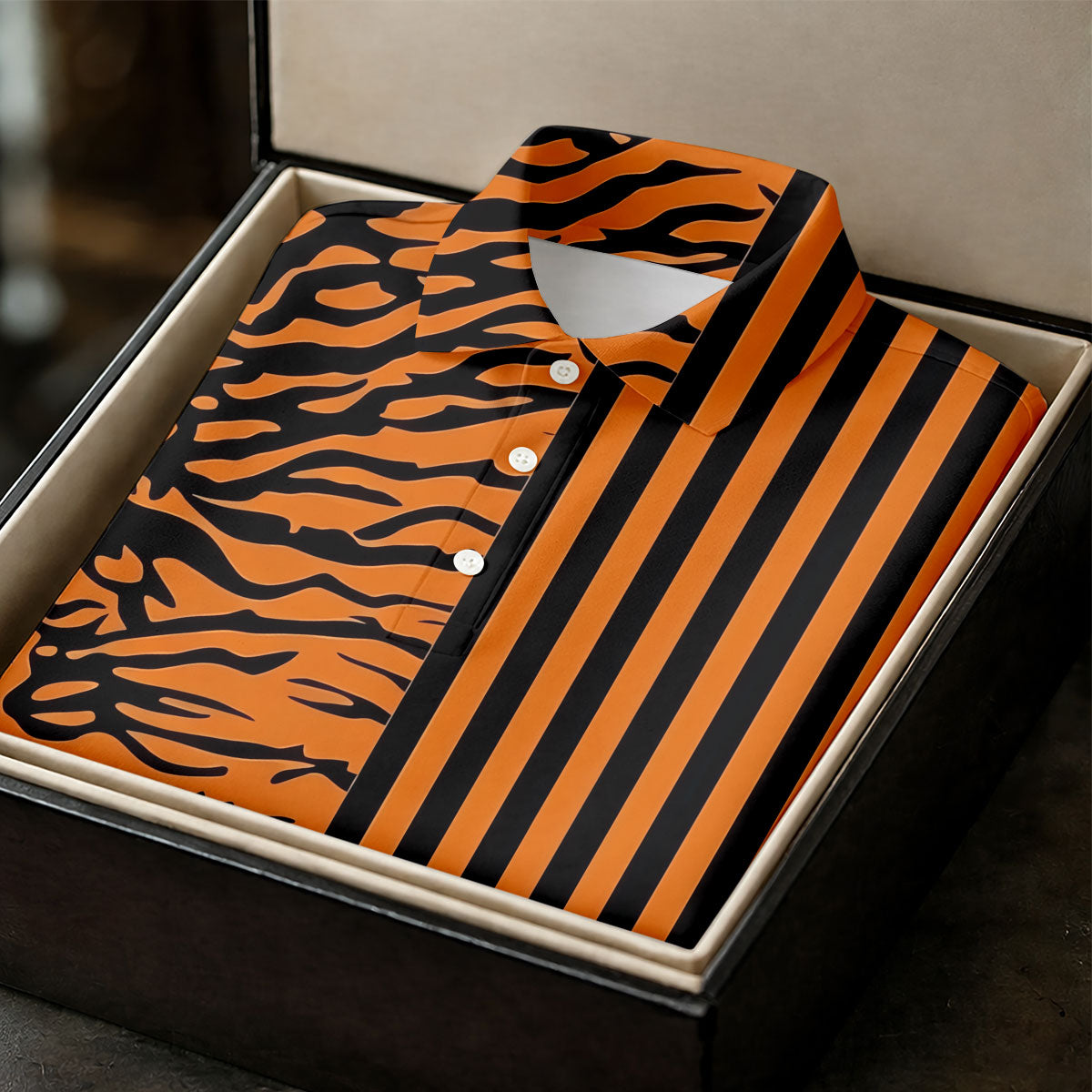 Orange Tiger Stripe Split Pattern Golf Shirt, Mens Golf Polo, Golf Apparel For Men, Golf Polo Shirts For Men