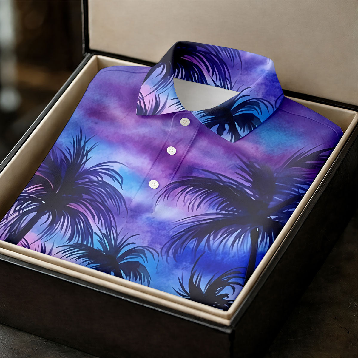 Moonlit Tropical Beach Palm Tree Design Hawaiian Golf Shirt, Golf Shirts For Men, Polo Shirts For Men
