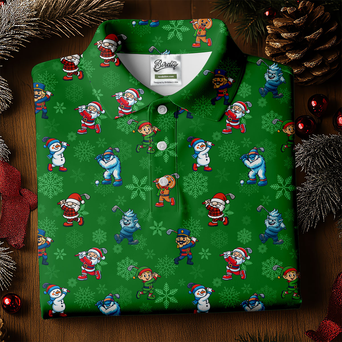 Funny Christmas Characters Golf Pose Green Golf Shirt, Christmas Golf Shirt, Ladies Golf Shirts, Women's Polo Shirt