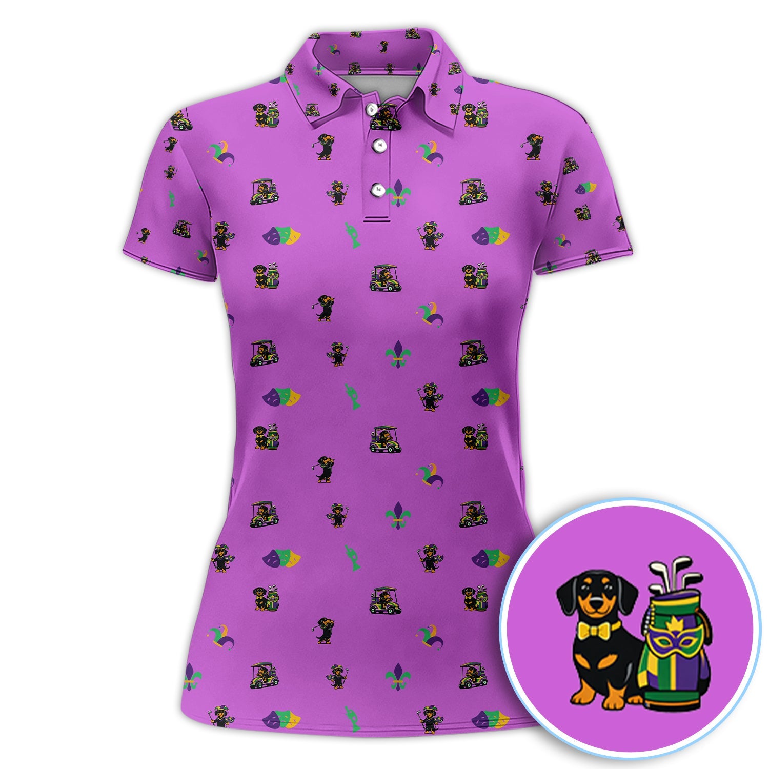 Mardi Gras Dachshund Golf Polos For Golfer, Funny Wiener Dog Pattern Golf Shirt, Golf Gift For Men