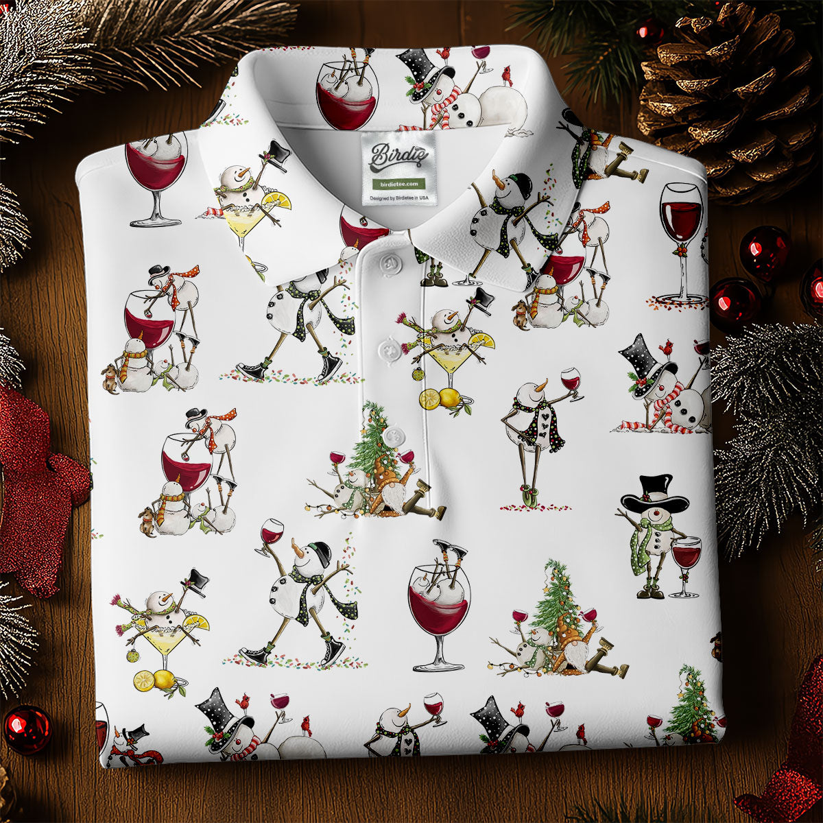 Funny Snowman Drinking Wine White Golf Shirt, Christmas Golf Shirt, Women's Golf Tops, Ladies Golf Shirts