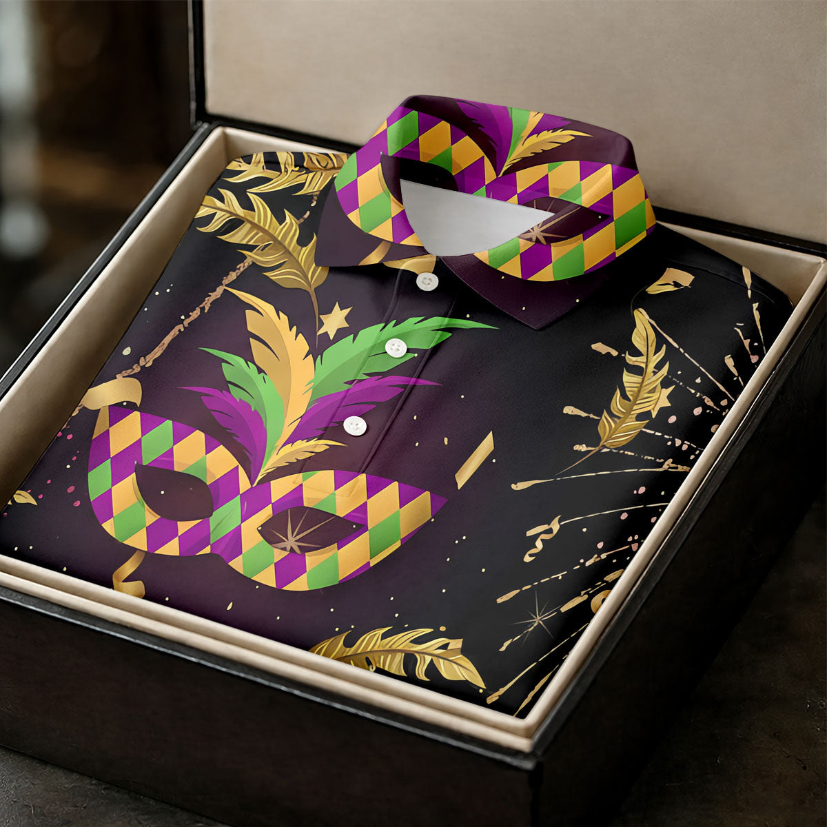 Gold Ribbons Mardi Gras Masquerade Mask Women's Golf Shirts, Women's Golf Tops, Ladies Golf Shirts