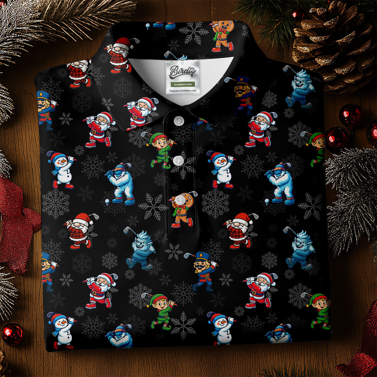 Funny Christmas Characters Golf Pose Black Golf Shirt, Christmas Golf Shirt, Ladies Golf Shirts, Women's Polo Shirt
