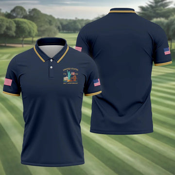 American Symbols Navy Patriotic Golf Shirt, US 250 Years 4th Of July Golf Shirts For Men