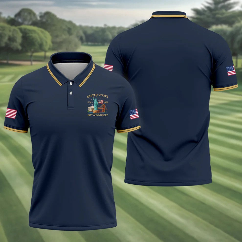 US 250th Anniversary Patriotic Golf Shirt, American Symbols 4th Of July Golf Shirts For Men