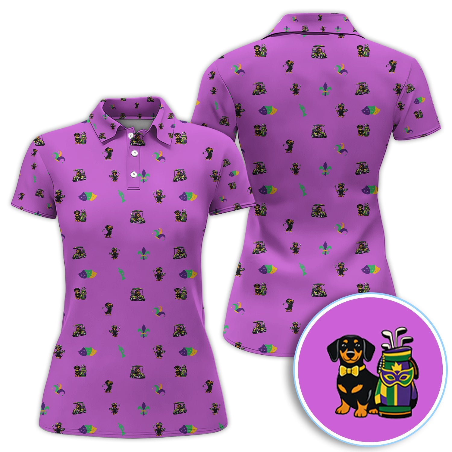 Mardi Gras Dachshund Golf Polos For Golfer, Funny Wiener Dog Pattern Golf Shirt, Golf Gift For Men