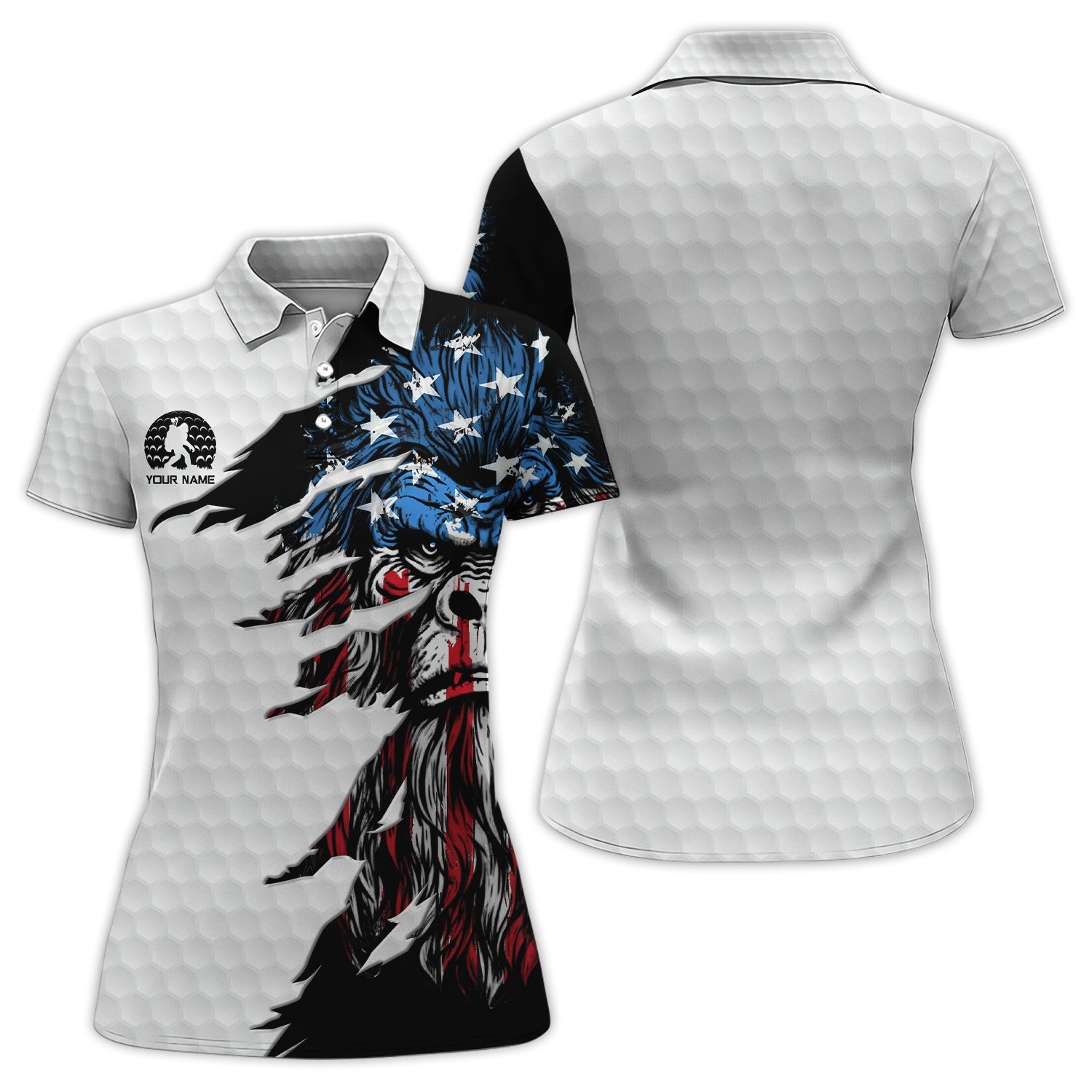 Personalized Patriotic Bigfoot Polos, Custom Name American Flag Bigfoot Golf Shirt, Golf Gift For Golfer