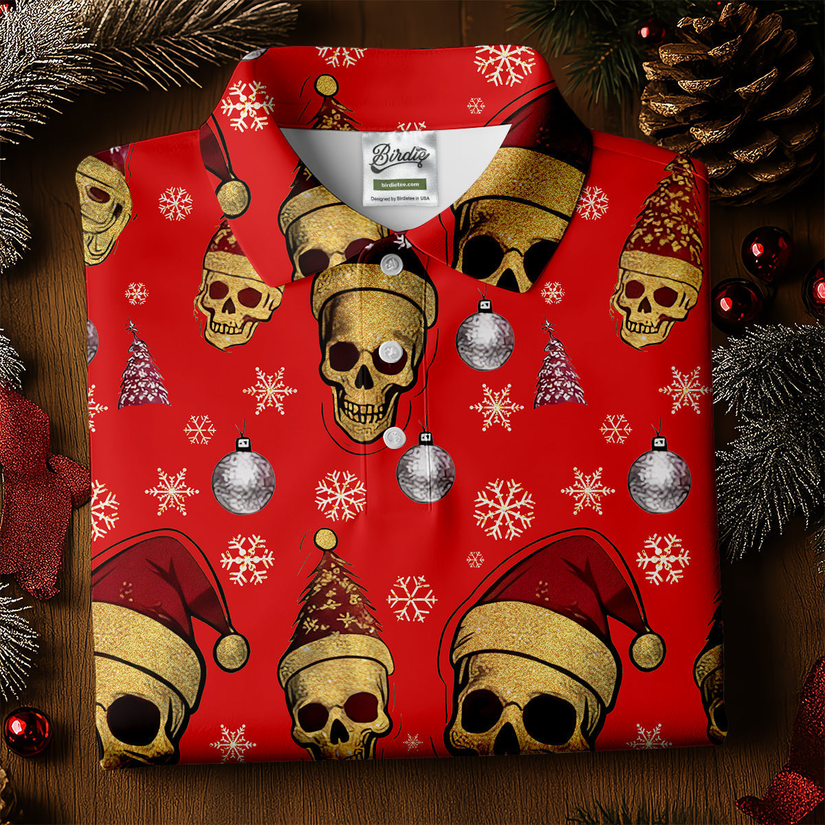 Vintage Skull Christmas Golf Shirt, Red Golf Shirt, Women's Golf Tops, Cool Golf Gift, Ladies Golf Shirts