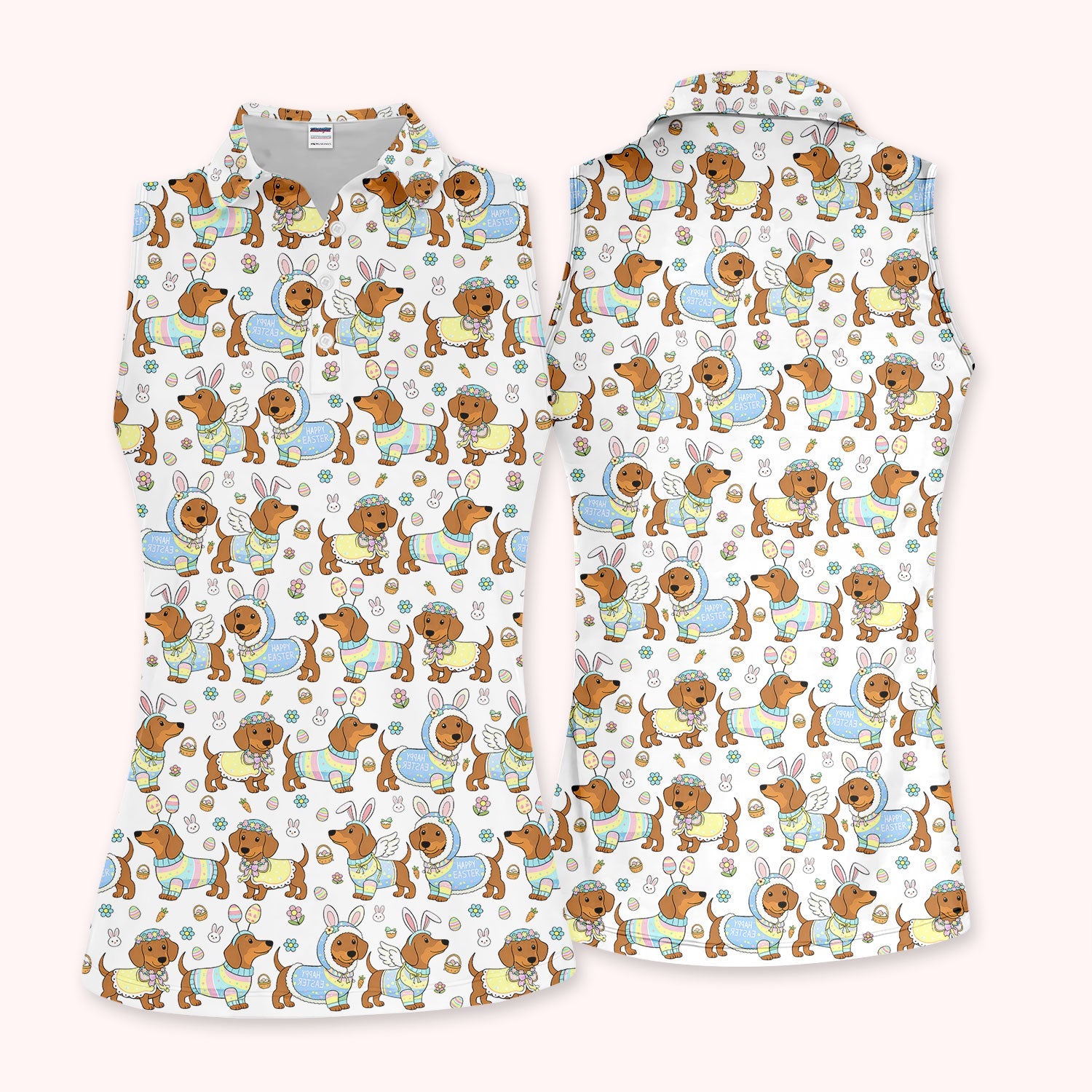 Dachshund Happy Easter Golf Polos, Easter Wiener Dog Pattern Golf Shirt, Golf Gift For Women