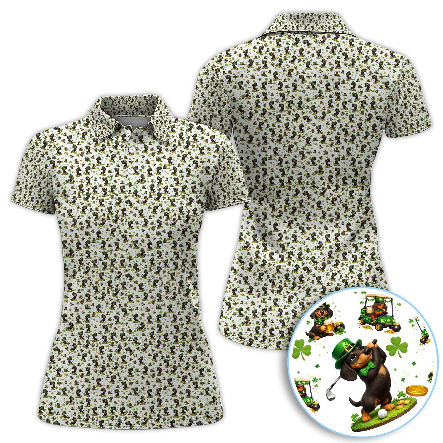 Dachshund Leprechaun Pattern Golf Shirt, Funny St.Patrick’s Day Golf Polos, Crazy Golf Gift For Golfer