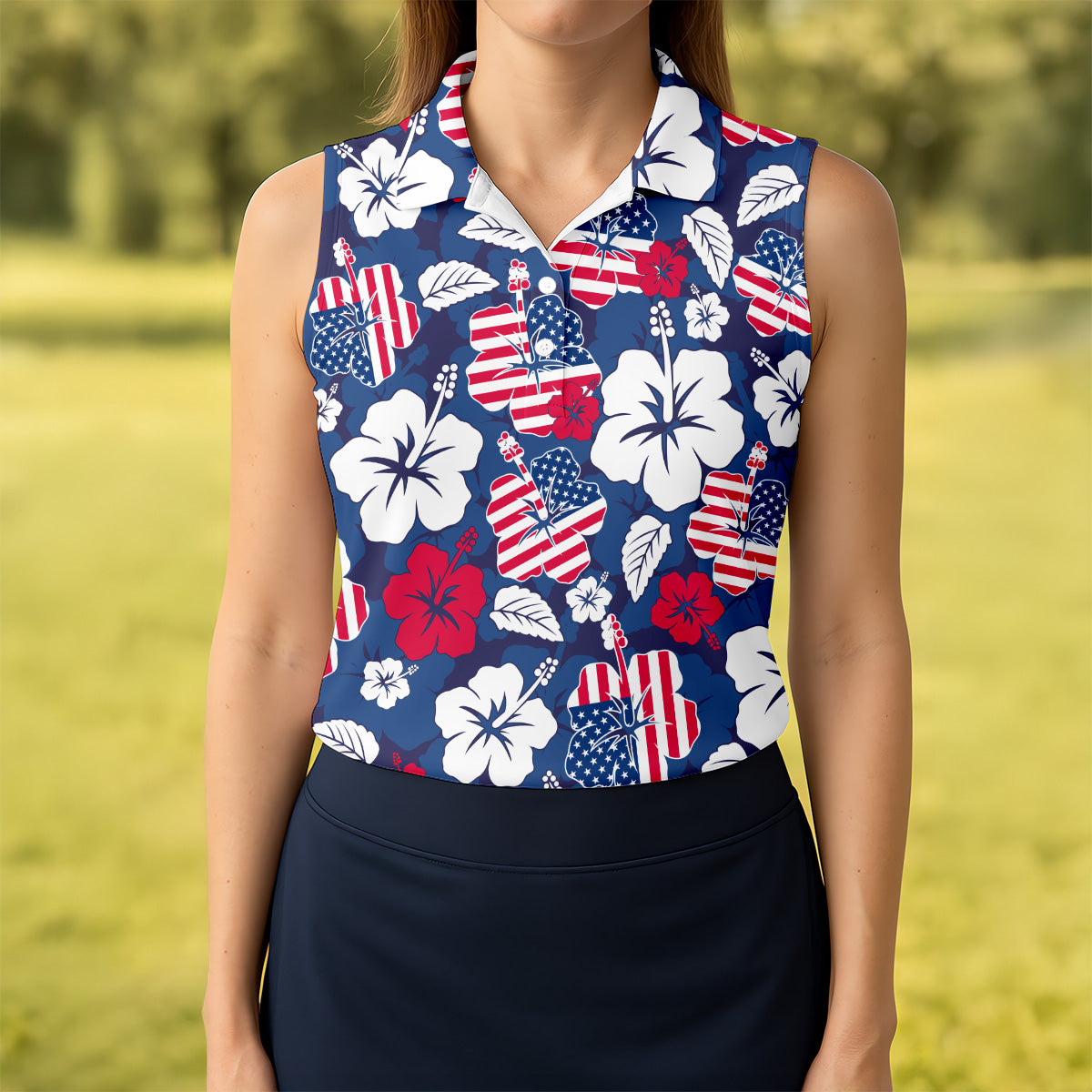 Tropical Hibiscus American Flag Womens Golf Polo Shirt Patriotic Golf Shirt, USA Golf Shirt Custom Ladies Golf Shirt