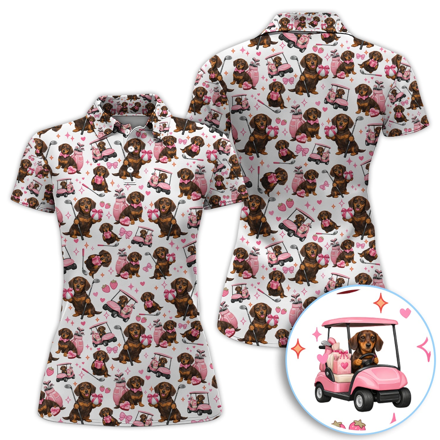 Dachshund Valentine Pattern Golf Shirt, Wiener Dog Golf Polos For Men, Golf Gift For Golfer