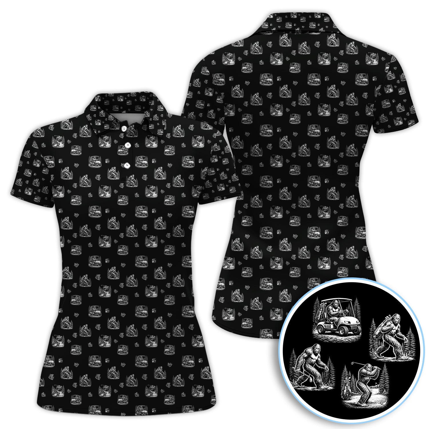 Bigfoot Pattern Golf Polos, Funny Sasquatch Golf Shirt, Crazy Golf Gift For Men