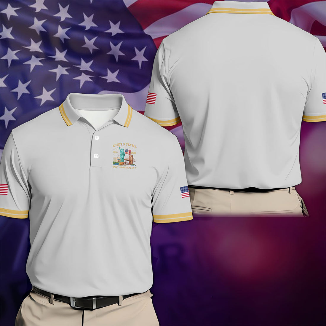 American Symbols Grey Patriotic Golf Shirt, US 250 Years 4th Of July Golf Shirts For Men