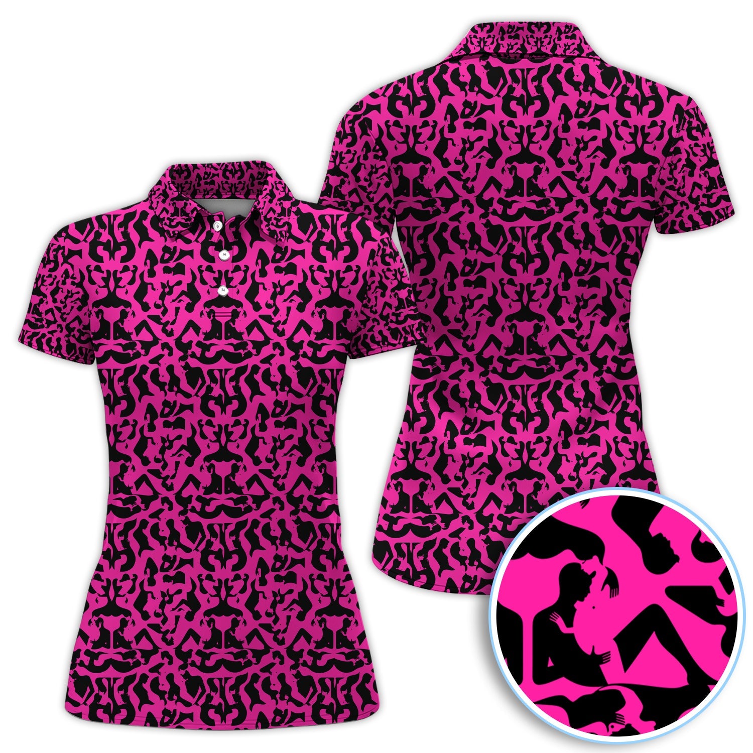 Bold Silhouette Pattern Polos, Hot Pink Abstract Golf Shirt, Golf Gift For Golfer
