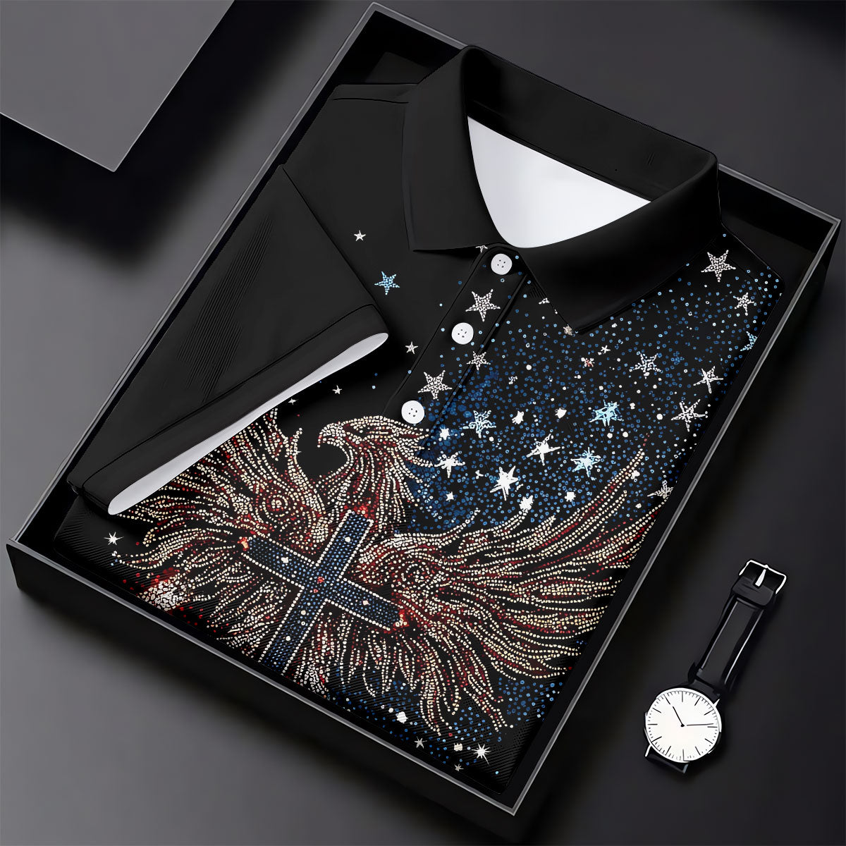 Faith Cross Patriotic Eagle Rhinestones Pattern 4th Of July Golf Shirt, 250 Years Golf Shirts For Men