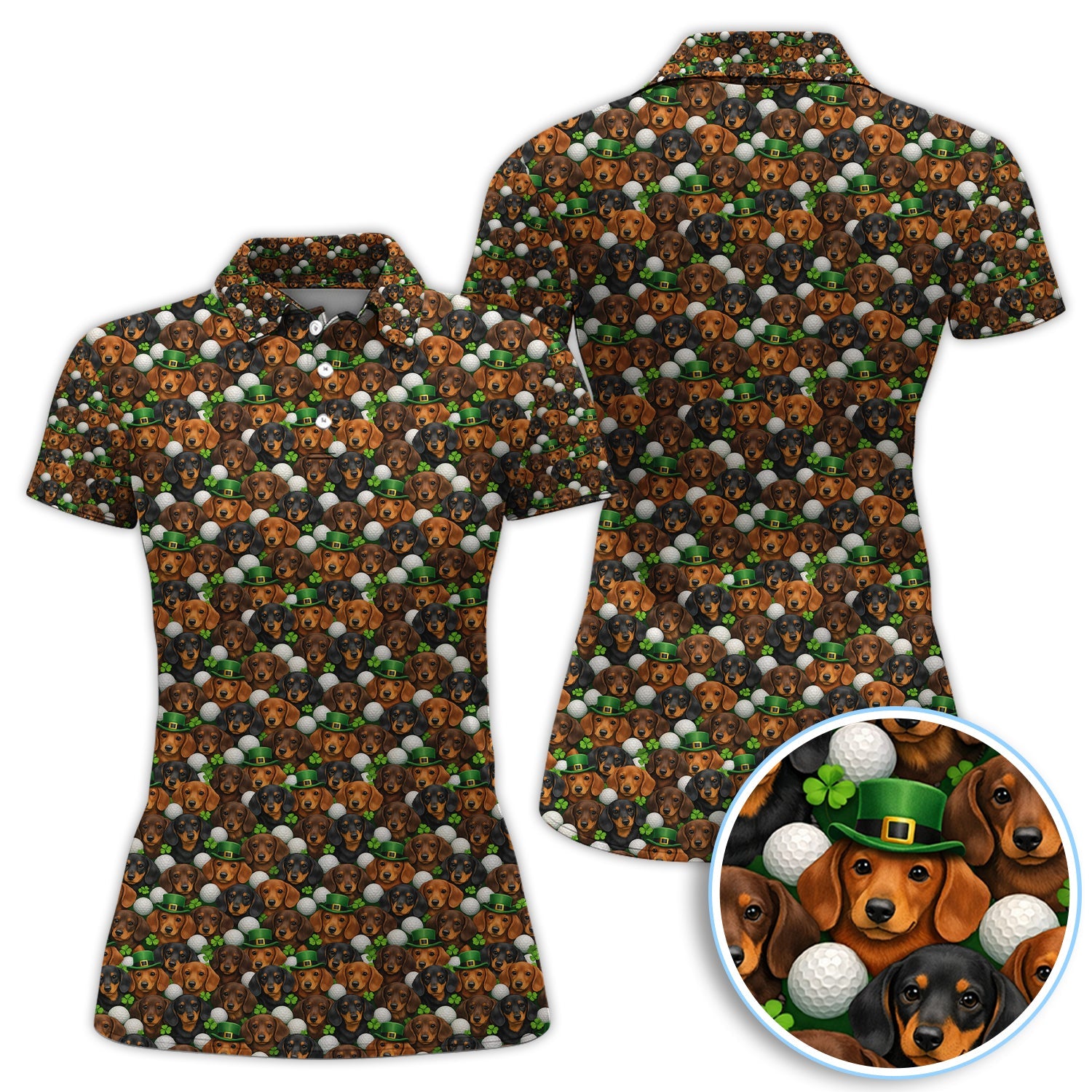 Dachshund St. Patrick’s Day Golf Polos, Wiener Dog Pattern Golf Shirt For Men, Funny Golf Gift For Golfer