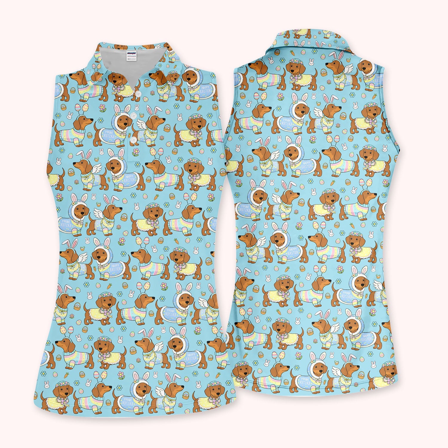 Dachshund Happy Easter Golf Polos, Easter Wiener Dog Pattern Golf Shirt, Golf Gift For Women