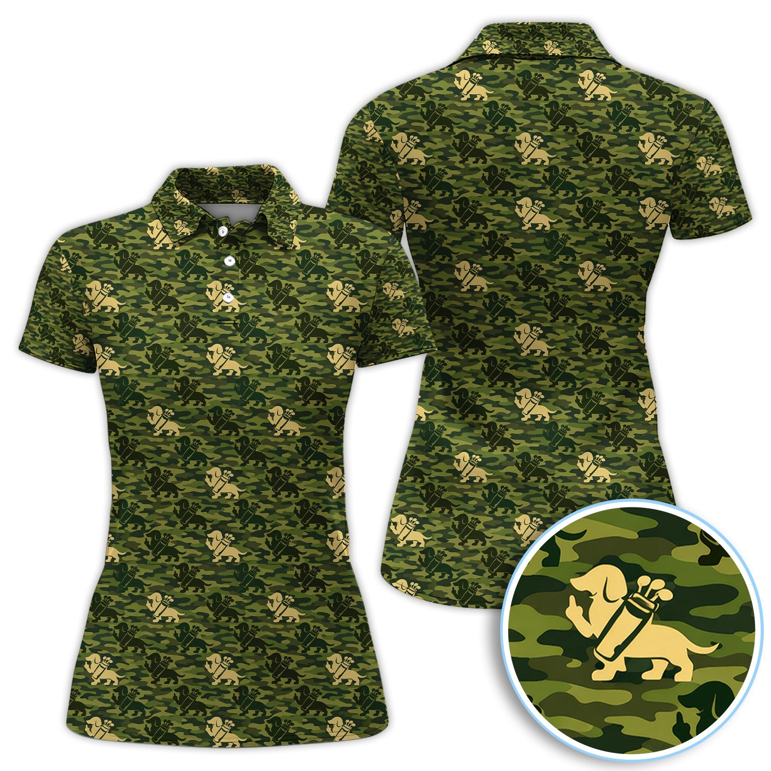 Dachshund Camo Pattern Golf Polos, Wiener Dog Golf Shirt For Golfer, Golf Gift For Men