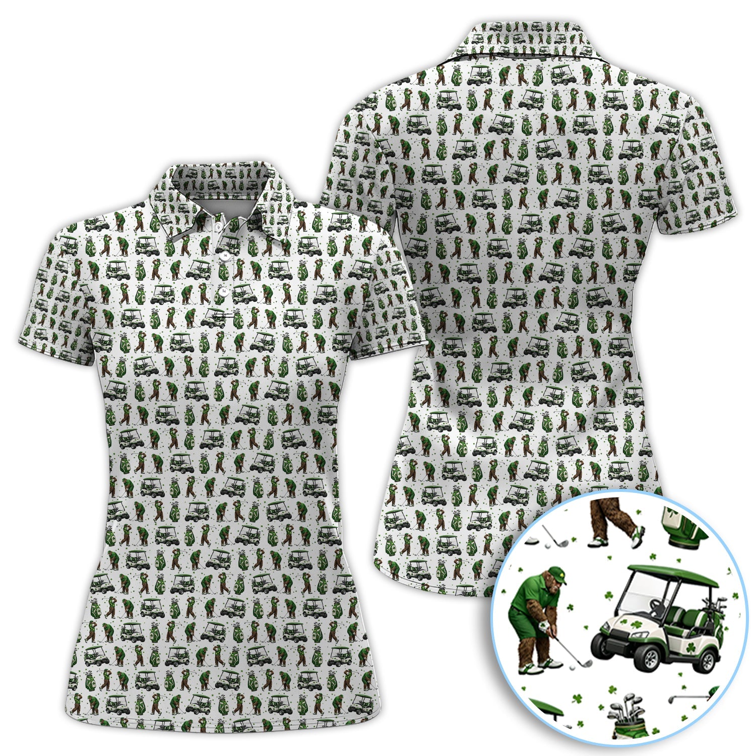 Bigfoot Golf St. Patrick’s Day Pattern Golf Polos, Sasquatch Golf Shirt For Golfer, Crazy Men's Golf Gift