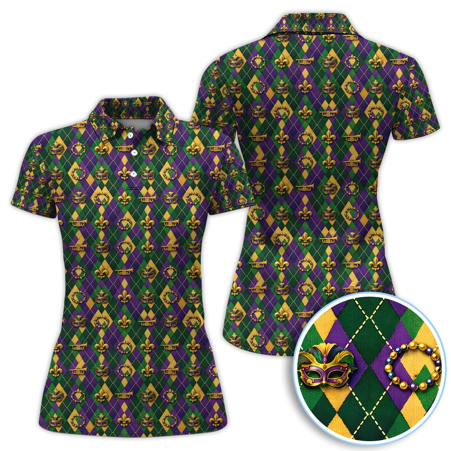 Mardi Gras Argyle Golf Polos, Carnival Pattern Golf Shirt For Golfer, Golf Gift For Men