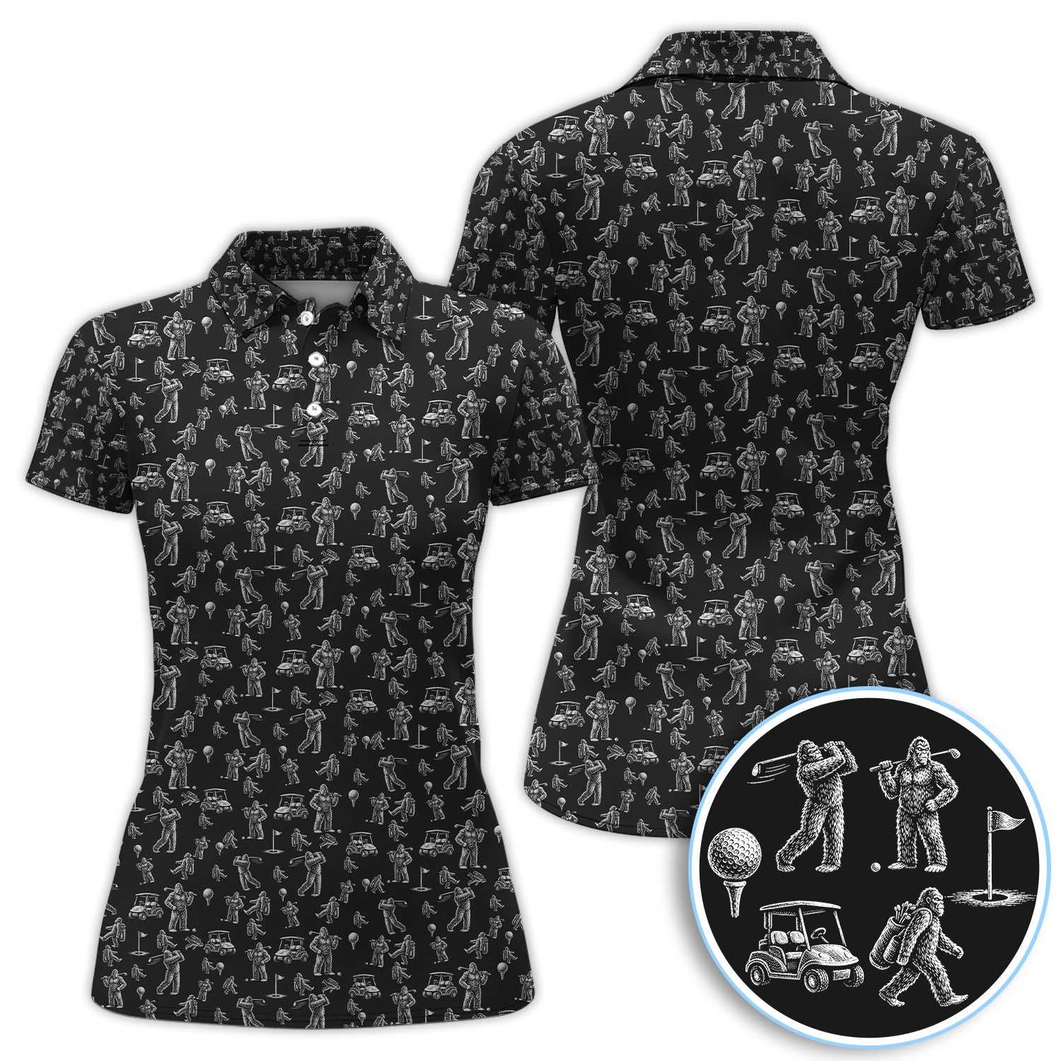 Funny Bigfoot Pattern Golf Polos, Squatch Bigfoot Golf Shirt For Men, Crazy Golf Gift For Golfer