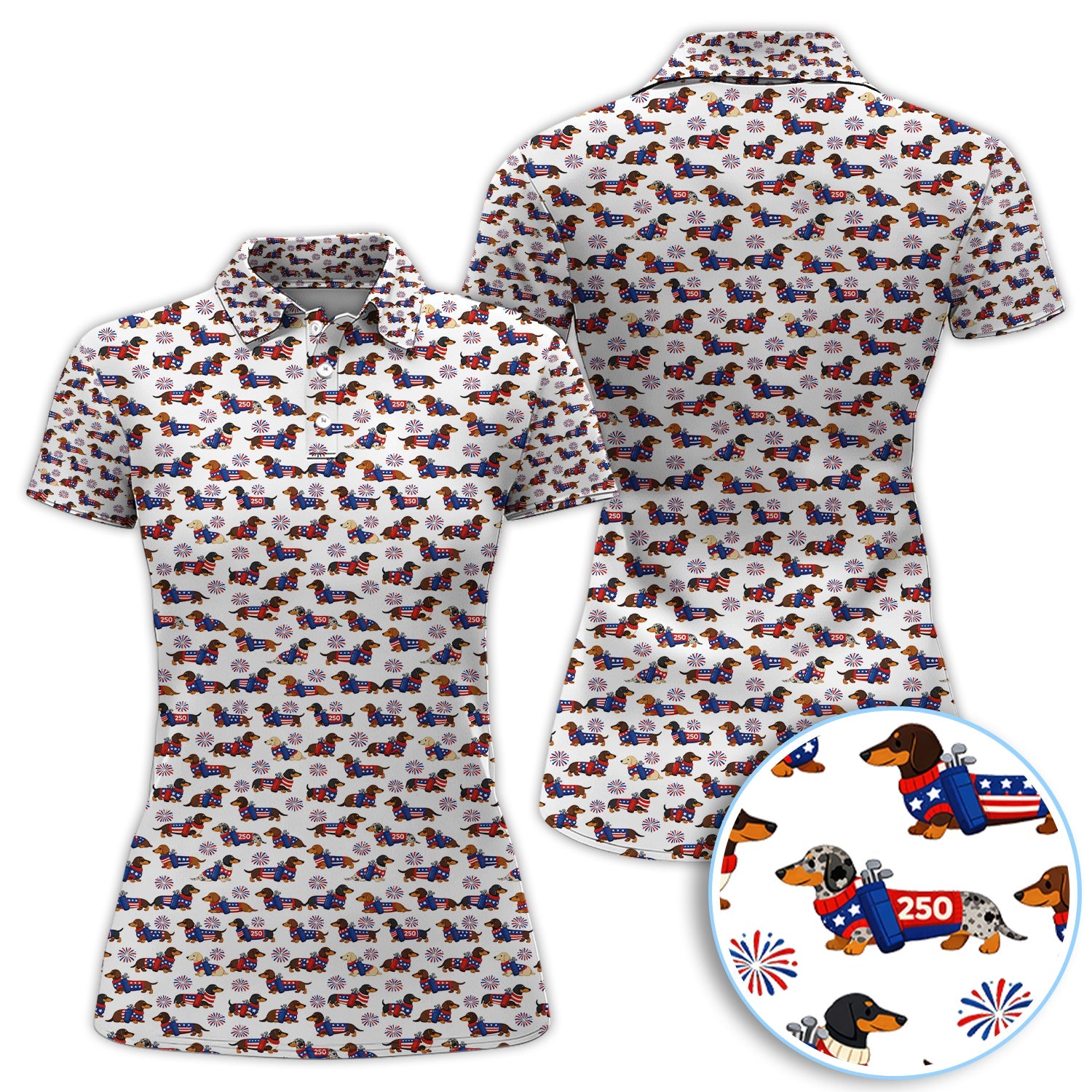 America 250 Dachshund Golf Polos, Funny Patriotic Wiener Dog 250th Golf Shirt, Golf Gift For Men