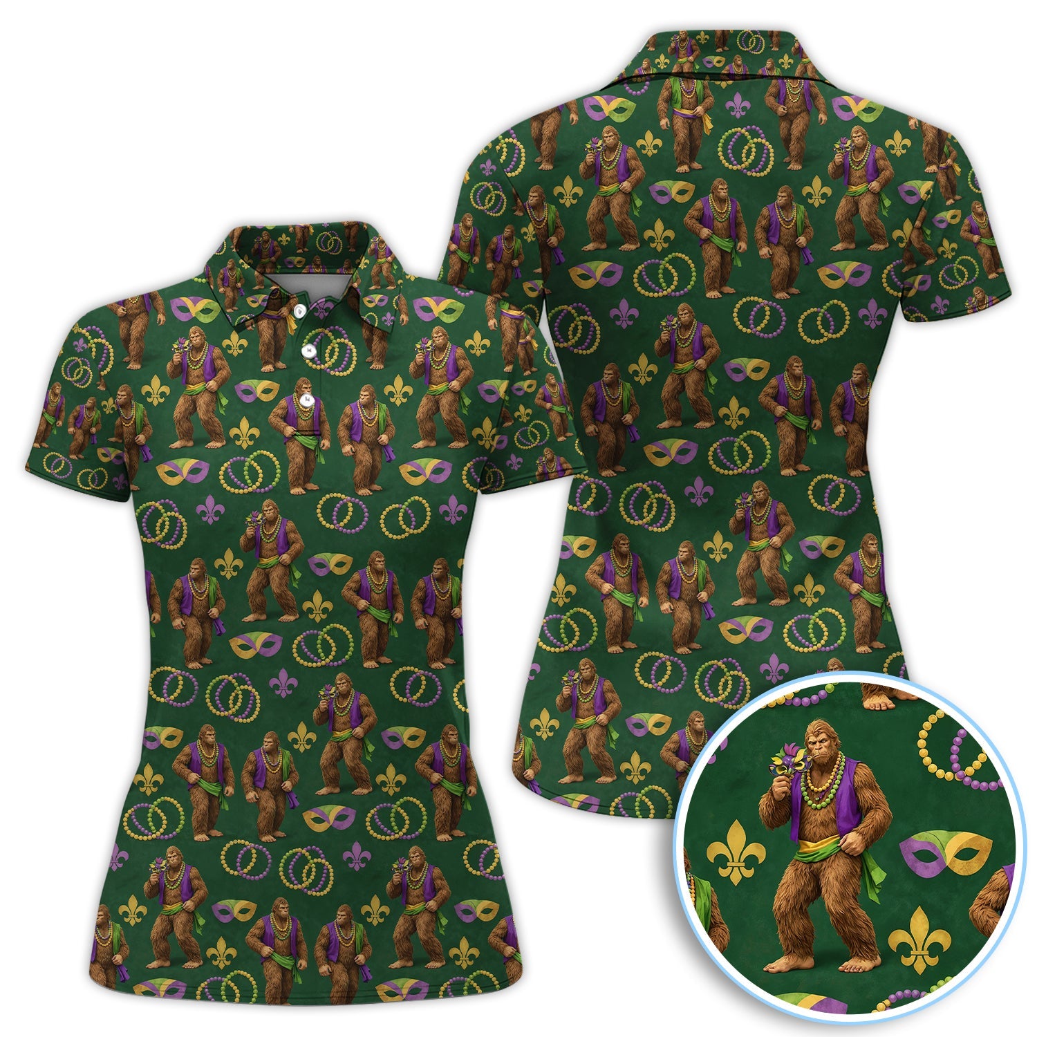Bigfoot Mardi Gras Pattern Golf Polos, Sasquatch Holiday Golf Shirt, Golf Gift For Golfer