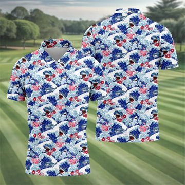 Japanese Shark Wave Sakura Golf Shirt, Mens Golf Polo, Printed Golf Shirts, Golf Apparel For Men