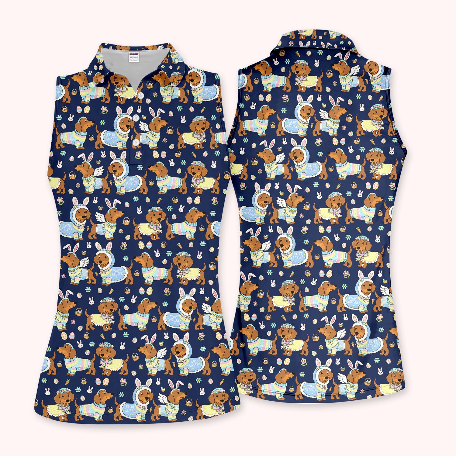 Dachshund Happy Easter Golf Polos, Easter Wiener Dog Pattern Golf Shirt, Golf Gift For Women