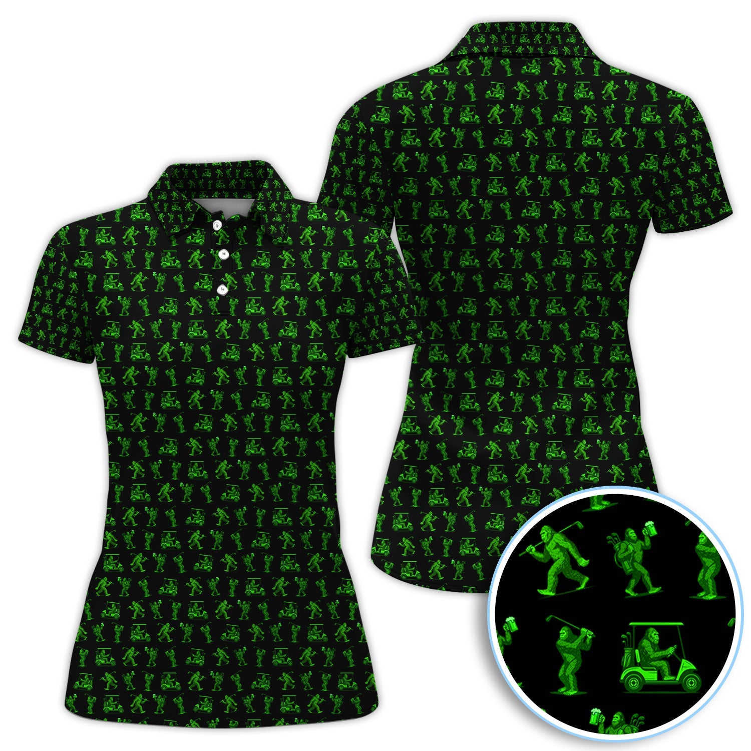 Bigfoot Golf Pattern Shirt, Funny Sasquatch Golf Polos For Men, Neon Green Golf Shirt For Golfer