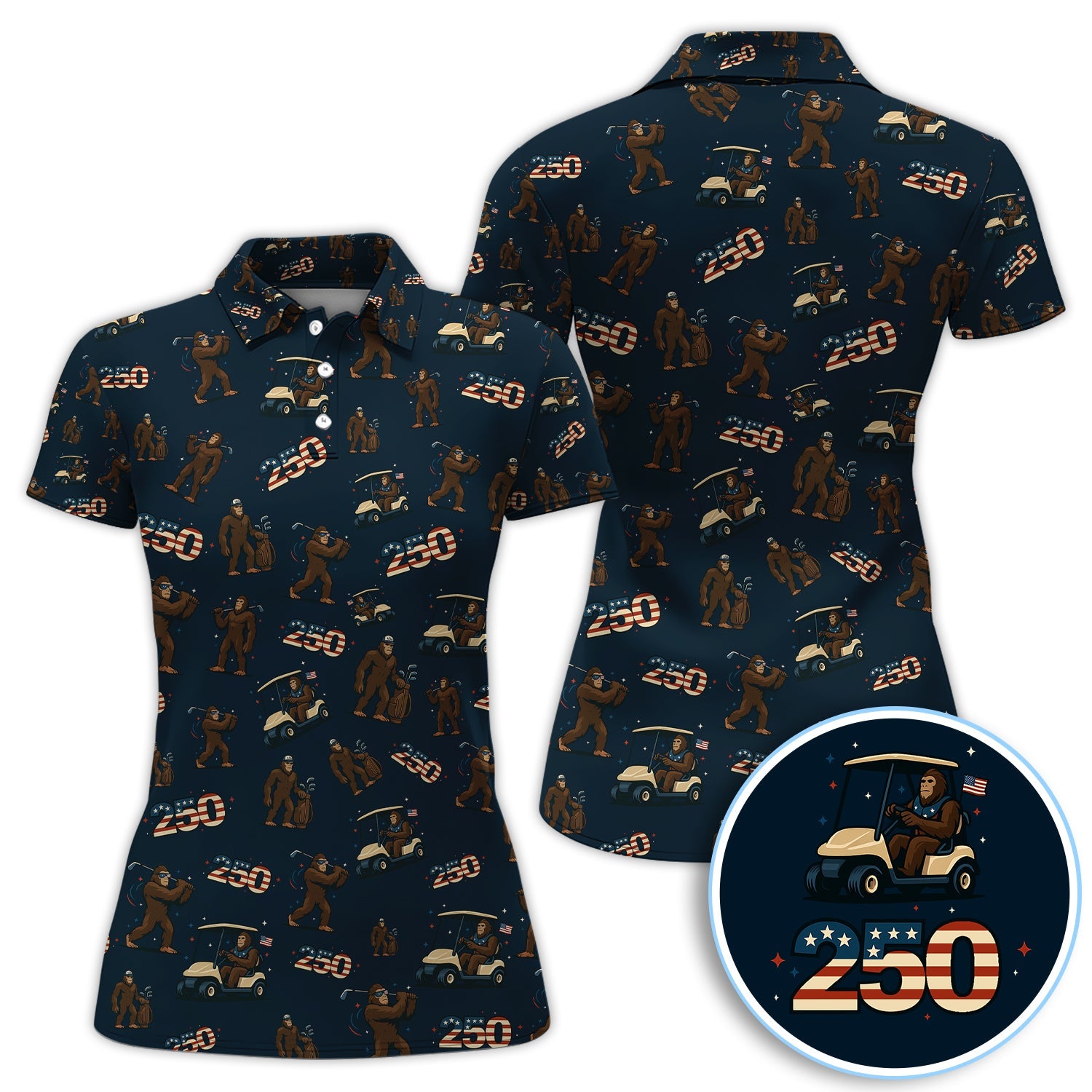 Crazy Bigfoot Golf Polos For Golfer, Patriotic 250th Anniversary Pattern Golf Shirt, Funny Golf Gift For Men