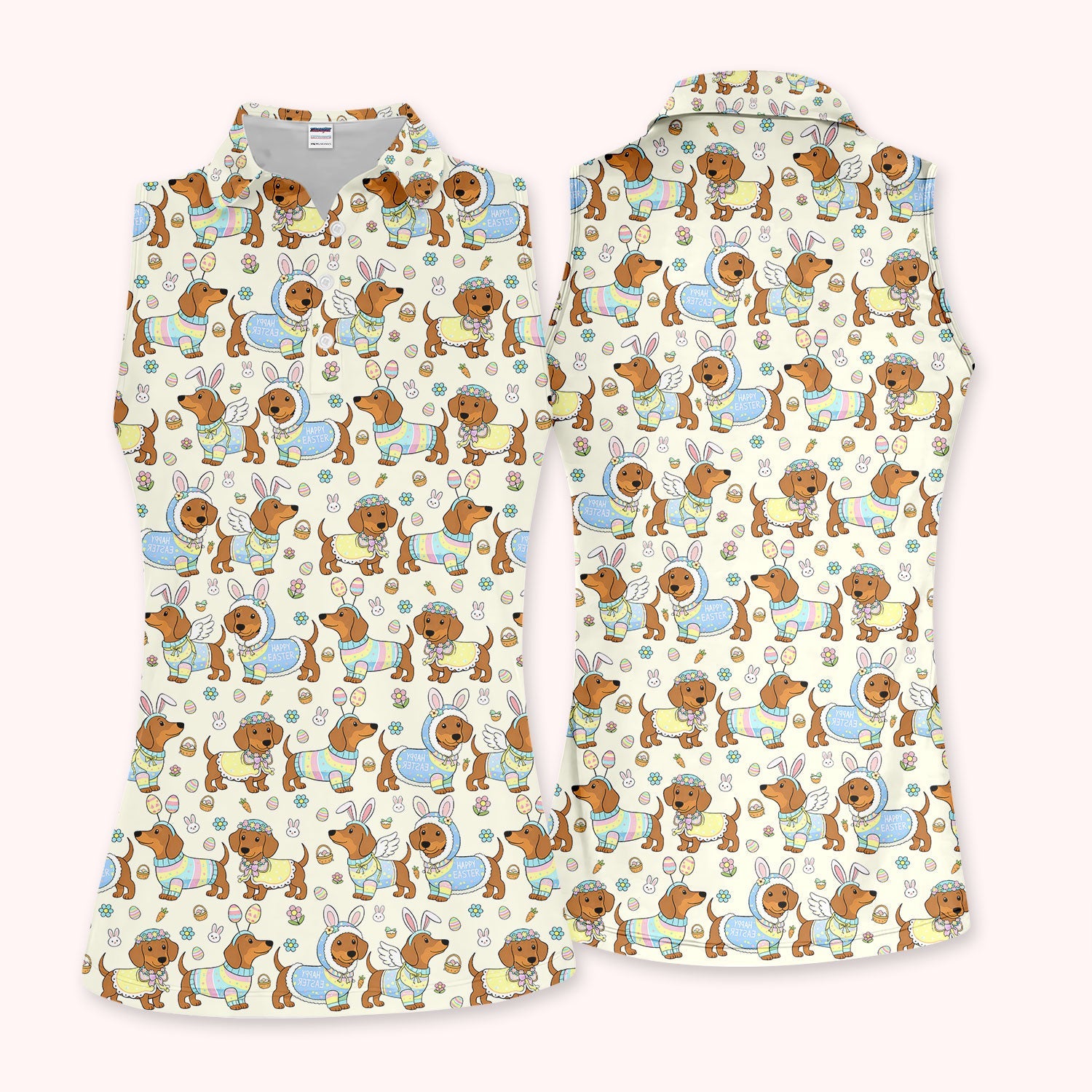 Dachshund Happy Easter Golf Polos, Easter Wiener Dog Pattern Golf Shirt, Golf Gift For Women