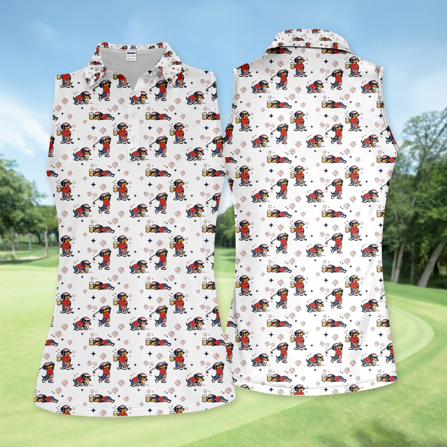 Funny Patriotic Golf Dog Polo Shirt, USA Dachshund Beer & Fireworks Pattern Shirt, 4th of July Golfer Gift For Women
