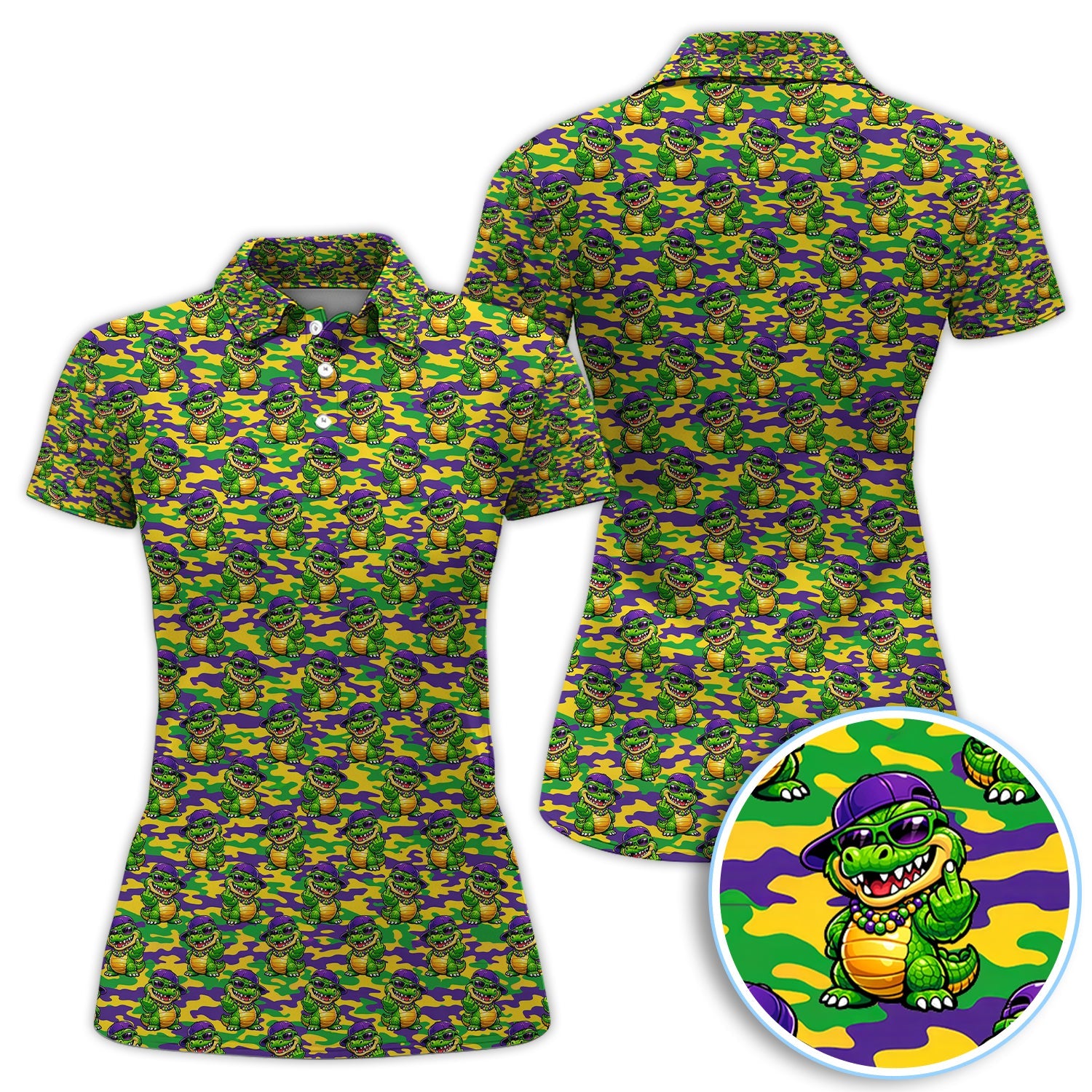 Mardi Gras Gator Golf Shirt, Funny Alligator Camo Pattern Golf Polos, Men Golf Gift