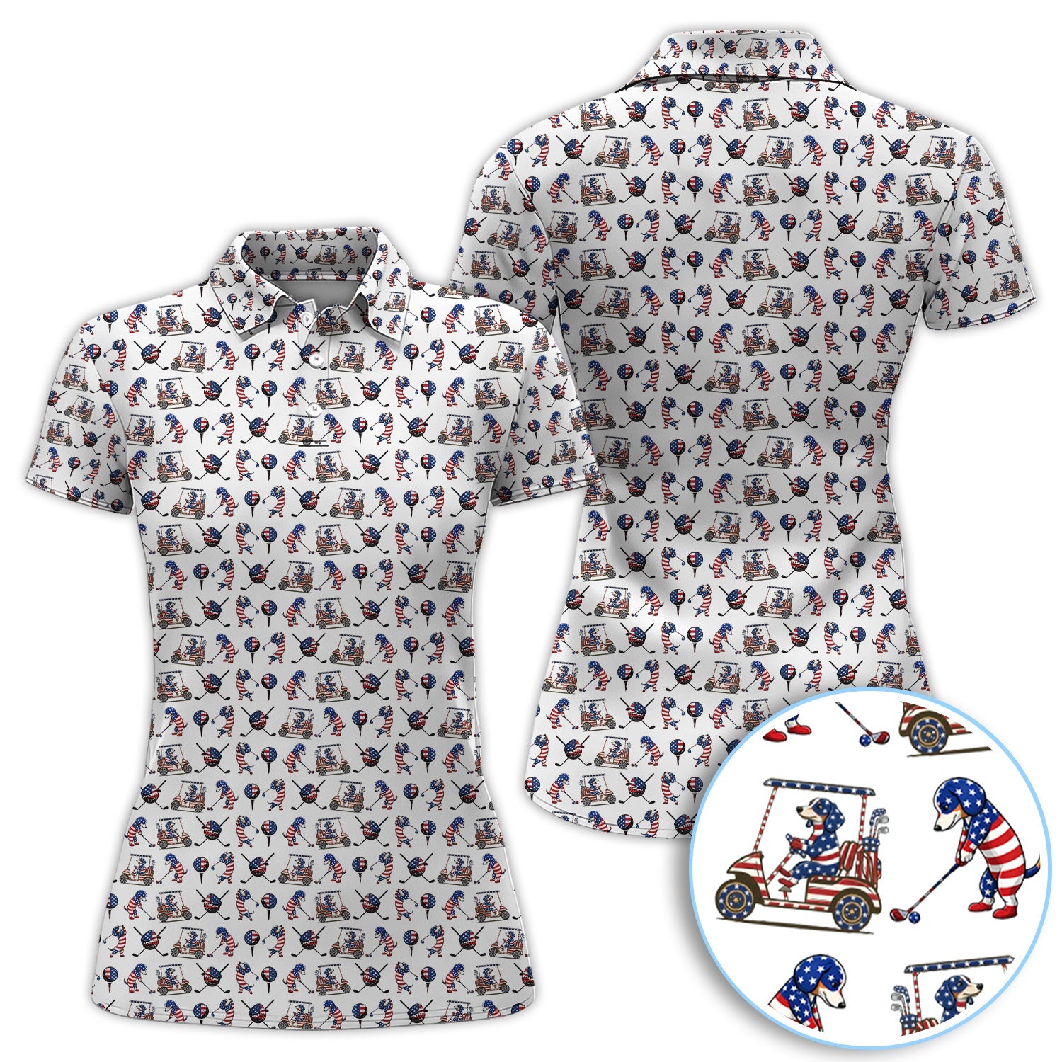 Patriotic Dachshund Golf Polos, USA Flag With Wiener Dog Pattern Golf Shirt, Funny Golf Gift For Golfer