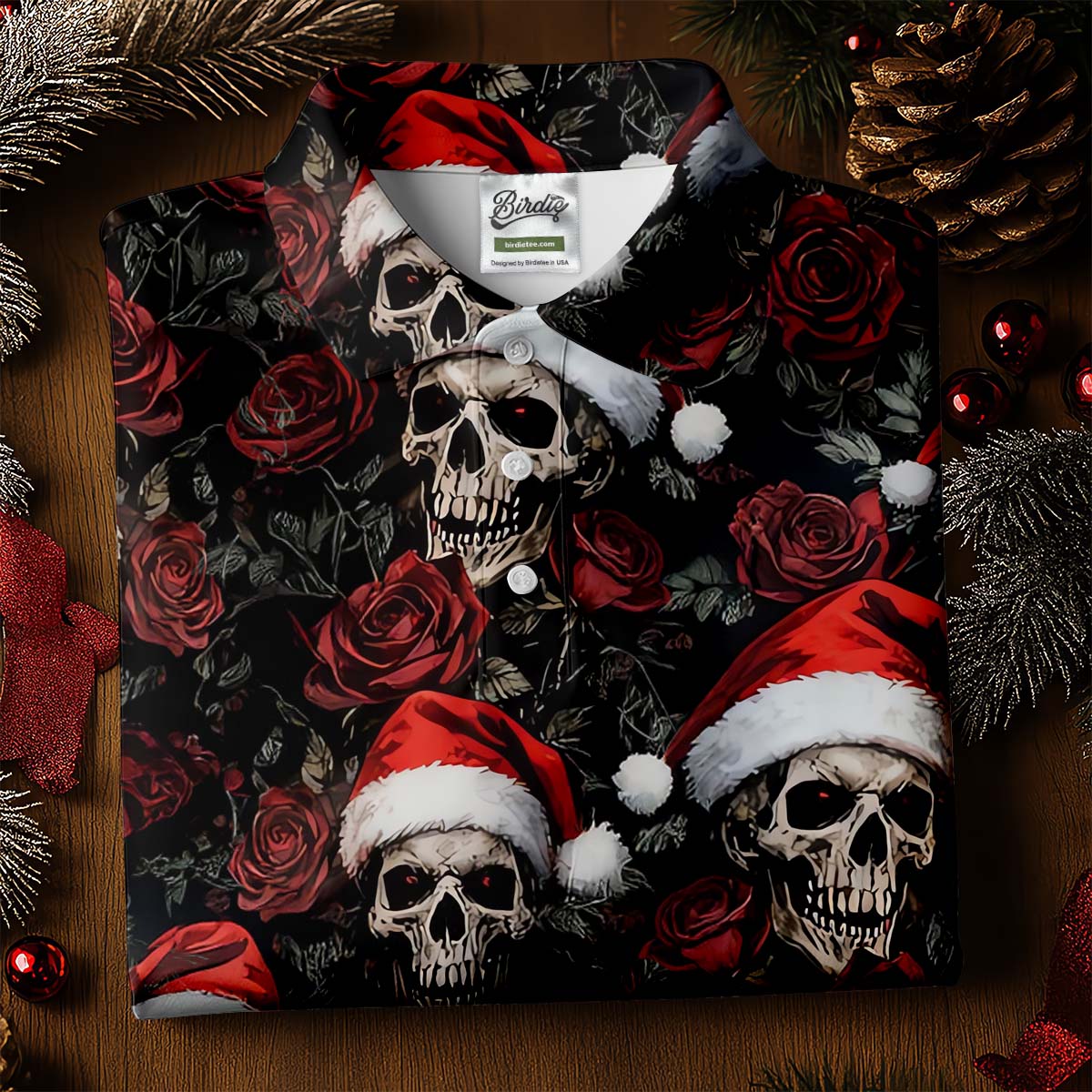 Vintage Skull And Roses Christmas Golf Shirt, Cool Golf Outfit, Ladies Golf Shirts, Women's Polo Shirt