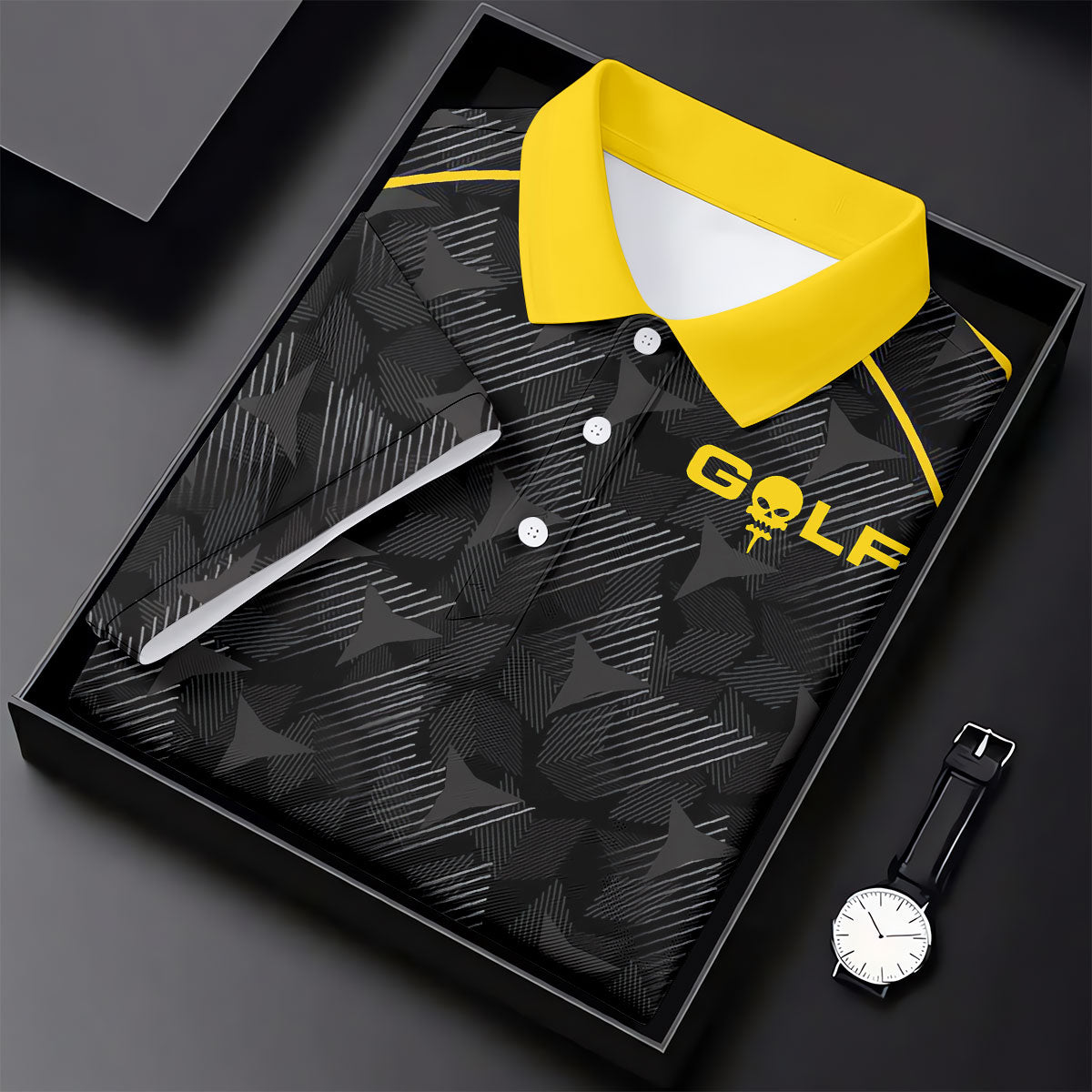 Abstract Triangle Black Yellow Golf Tops For Men, Father's Day Golf Gift, Polo Shirts For Men