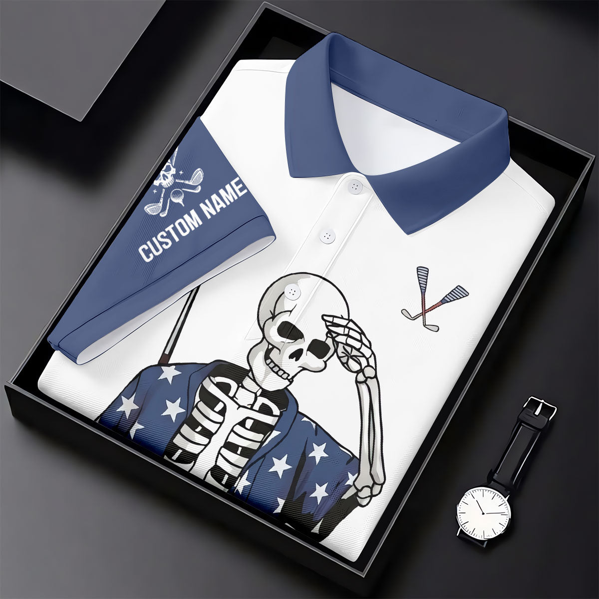 Skeleton Golf White Navy 4th Of July Patriotic Golf Shirt, 250 Years Golf Shirts For Men