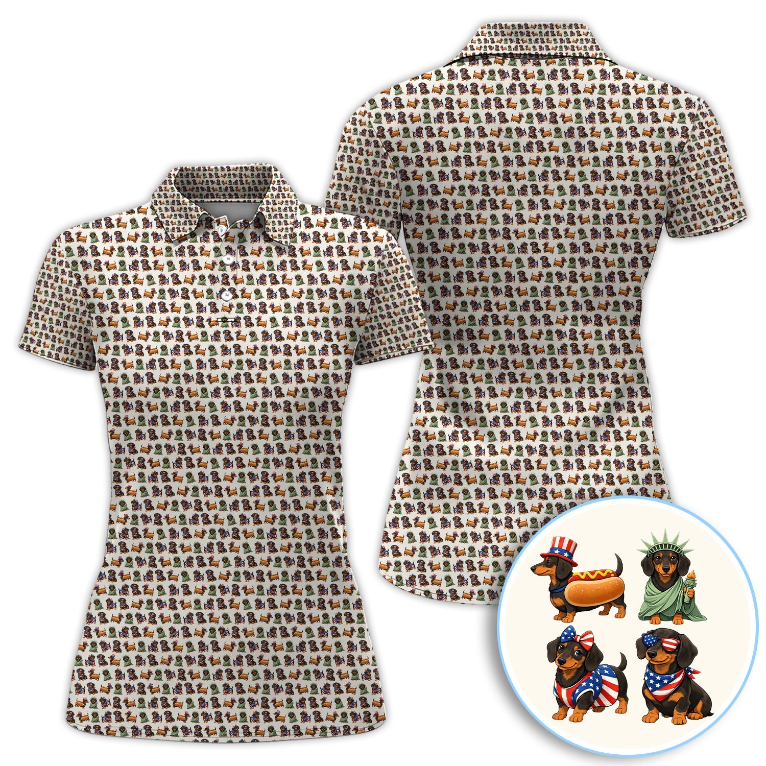 American Dachshund Pattern Golf Shirt, Funny Wiener Dog USA Golf Shirt For Men, Golf Gift For Golfer