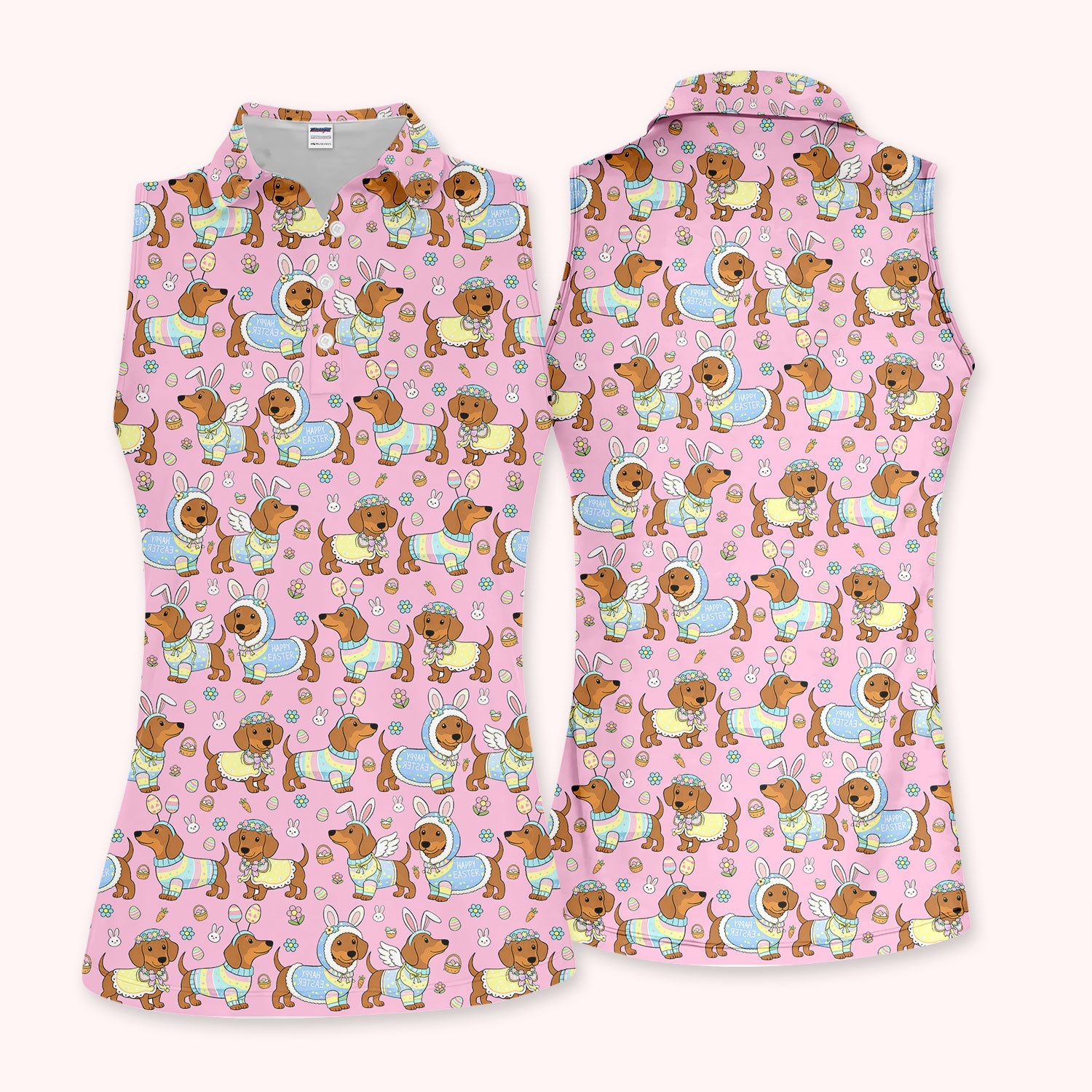 Dachshund Happy Easter Golf Polos, Easter Wiener Dog Pattern Golf Shirt, Golf Gift For Women